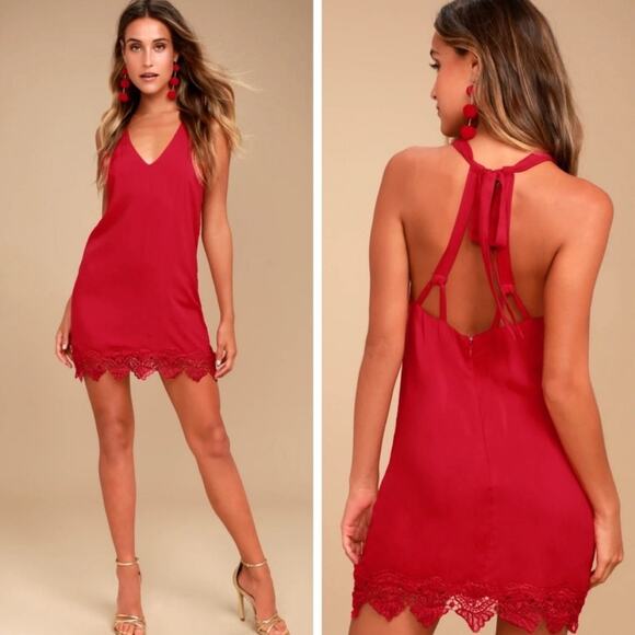 Lulus On the Terrace Red Halter Dress Mini Crochet Size XS - Picture 1 of 8